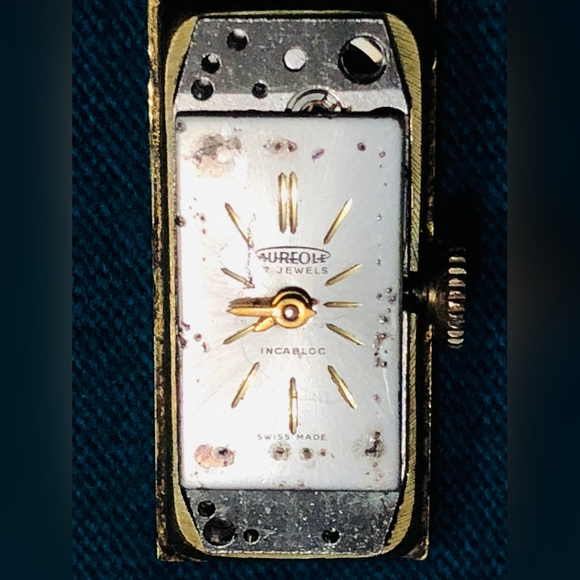 (916)VINTAGE RARE LADY AUREOLE 10 MICRON CONS SWISS WINDUP WTCH BLUE ENAMEL CUFF - Picture 4 of 16